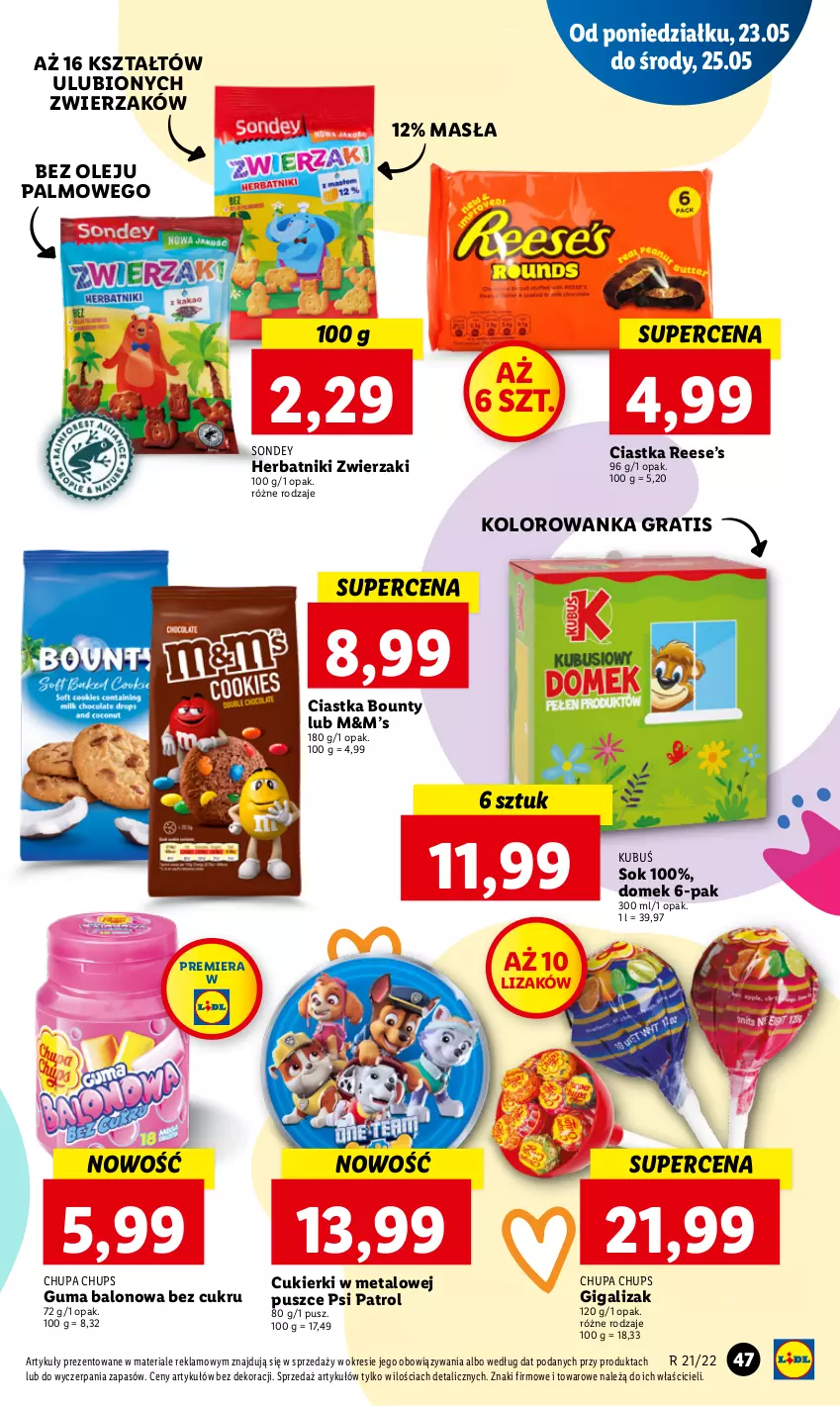 Gazetka promocyjna Lidl - GAZETKA - ważna 23.05 do 25.05.2022 - strona 47 - produkty: Bounty, Chupa Chups, Ciastka, Cukier, Cukierki, Gra, Herbatniki, Kolorowanka, Kubuś, Olej, Psi Patrol, Sok