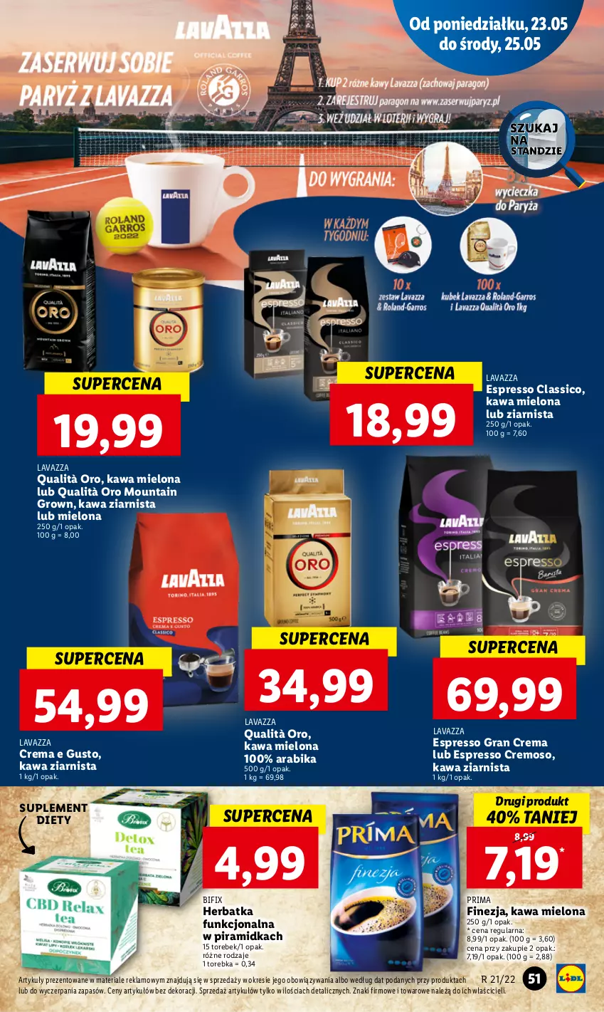 Gazetka promocyjna Lidl - GAZETKA - ważna 23.05 do 25.05.2022 - strona 51 - produkty: Gra, Kawa, Kawa mielona, Kawa ziarnista, Lavazza, Prima, Suplement diety, Torebka