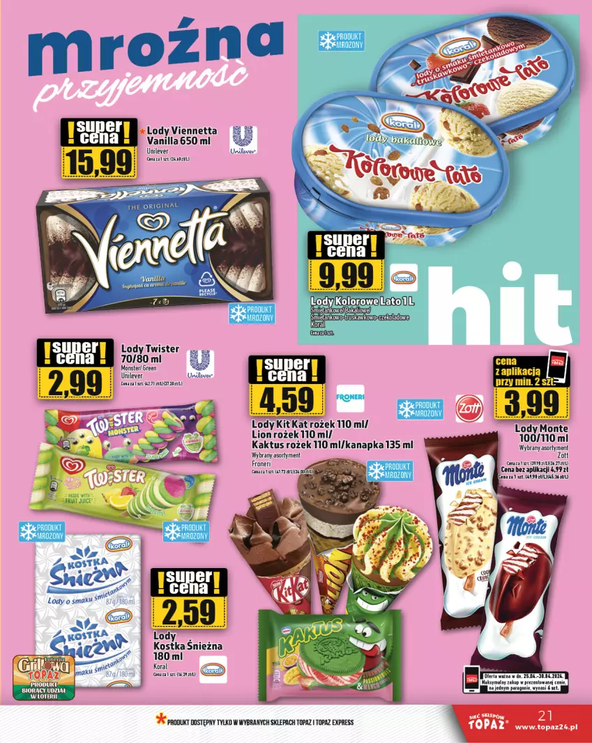 Gazetka promocyjna Topaz - Gazetka - ważna 25.04 do 30.04.2024 - strona 21 - produkty: Kaktus, Kit Kat, Lody, Top