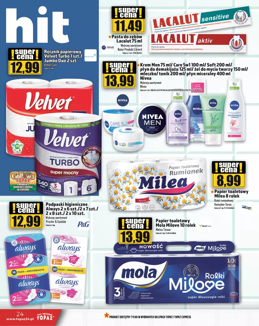 Gazetka promocyjna Topaz - Gazetka - ważna 25.04 do 30.04.2024 - strona 24 - produkty: Always, Lacalut, Makijaż, Mola, Nivea, Papier, Papier toaletowy, Pasta do zębów, Podpaski, Ręcznik, Rum, Tonik, Top, Velvet