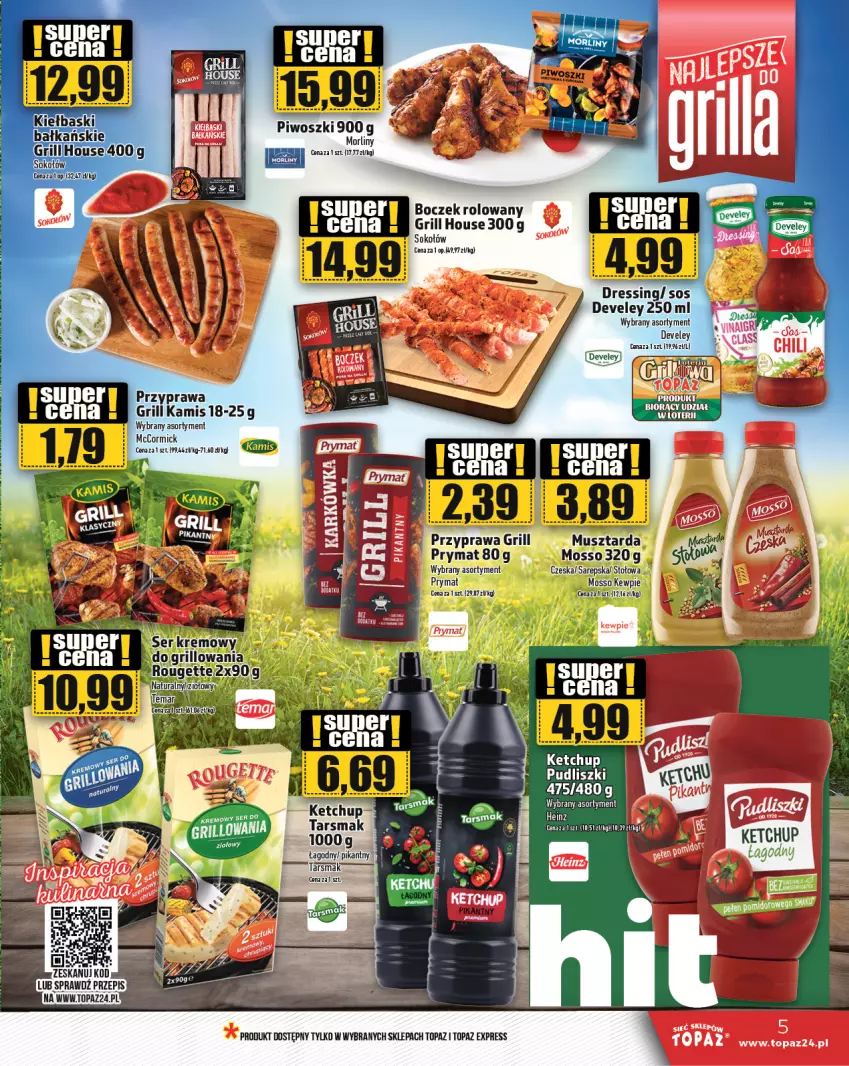 Gazetka promocyjna Topaz - Gazetka - ważna 25.04 do 30.04.2024 - strona 5 - produkty: Boczek, Dres, Grill, Kamis, Ketchup, Morliny, Piwo, Por, Prymat, Pudliszki, Ser, Sok, Sokołów, Sos, Top