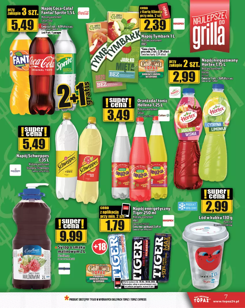 Gazetka promocyjna Topaz - Gazetka - ważna 25.04 do 30.04.2024 - strona 7 - produkty: Coca-Cola, Fa, Fanta, Gin, Hellena, Hortex, Napój, Napój energetyczny, Napój niegazowany, Oranżada, Schweppes, Sprite, Tiger, Top, Tymbark