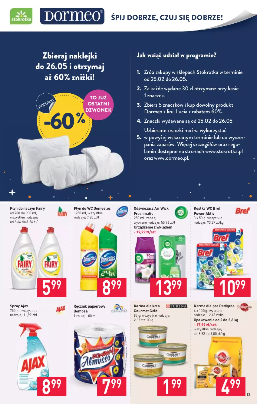 Gazetka promocyjna Stokrotka - Supermarket - ważna 13.05 do 19.05.2021 - strona 13 - produkty: Air Wick, Ajax, Bref, Domestos, Dzwonek, Fa, Fairy, Gourmet Gold, Gra, Klej, Papier, Pedigree, Płyn do wc, Ręcznik