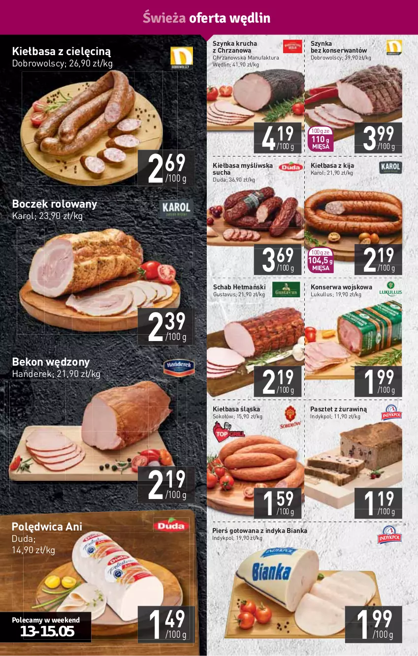 Gazetka promocyjna Stokrotka - Supermarket - ważna 13.05 do 19.05.2021 - strona 4 - produkty: Beko, Bianka, Boczek, Chrzan, Duda, Fa, HP, Kiełbasa, Kiełbasa śląska, Pasztet, Polędwica, Ser, Sok, Sokołów, Szynka