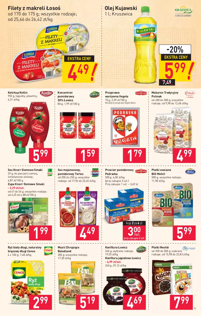 Gazetka promocyjna Stokrotka - Supermarket - ważna 13.05 do 19.05.2021 - strona 9 - produkty: Bakalland, Cenos, Ketchup, Knorr, Koncentrat pomidorowy, Konfitura, Kotlin, Kujawski, Majonez, Makaron, Melvit, Mus, Nestlé, Olej, Olma, Piec, Płatki owsiane, Podravka, Przyprawy, Ryż, Ryż biały, Sos, Vegeta, Vegeta Natur, Zupa