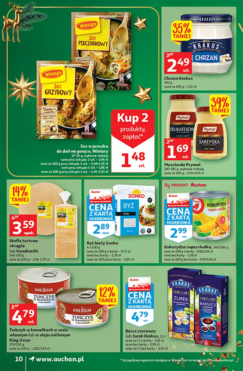 Gazetka promocyjna Auchan - Gazetka Magia Świąt Supermarket Auchan - ważna 08.12 do 14.12.2022 - strona 10 - produkty: Chrzan, Kawa, Krakus, Kukurydza, Mus, Musztarda, Olej, Prymat, Ryż, Ryż biały, Sonko, Sos, Tuńczyk, Wafle, Wafle tortowe, Winiary