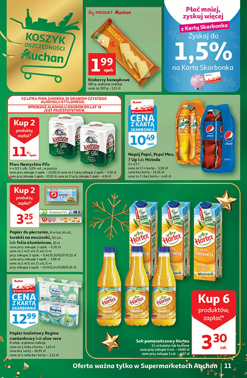 Gazetka promocyjna Auchan - Gazetka Magia Świąt Supermarket Auchan - ważna 08.12 do 14.12.2022 - strona 11 - produkty: Aloe vera, Folia aluminiowa, Gin, Hortex, Koc, Mirinda, Namysłów, Napój, Papier, Papier do pieczenia, Papier toaletowy, Pepsi, Pepsi max, Piec, Piwo, Rum, Sok, Sok pomarańczowy, Zupa