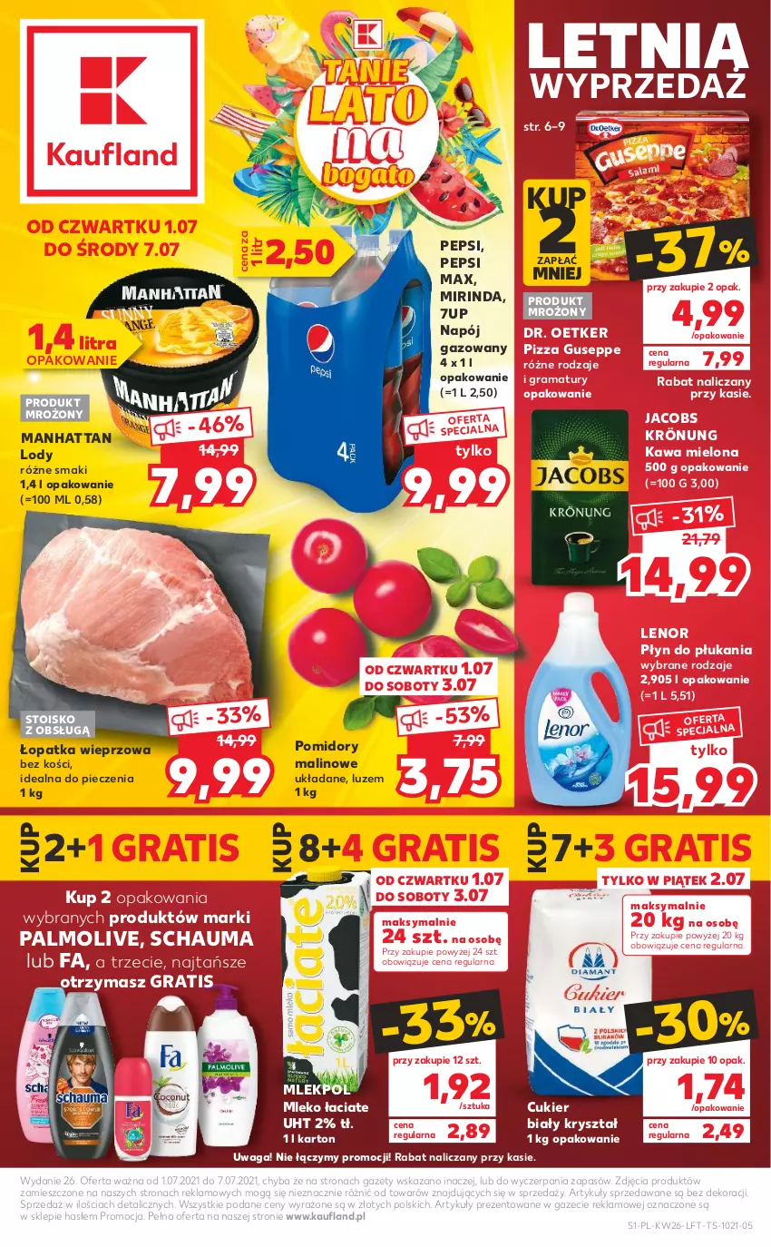 Gazetka promocyjna Kaufland - OFERTA TYGODNIA - ważna 01.07 do 07.07.2021 - strona 1 - produkty: 7up, Cukier, Dr. Oetker, Fa, Gra, Jacobs, Jacobs Krönung, Kawa, Kawa mielona, Lenor, Lody, Mirinda, Mleko, Napój, Napój gazowany, Palmolive, Pepsi, Pepsi max, Piec, Pizza, Płyn do płukania, Pomidory, Rama, Schauma, Waga