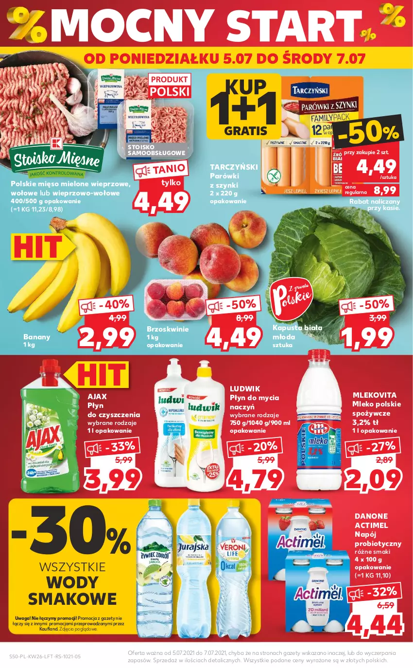 Gazetka promocyjna Kaufland - OFERTA TYGODNIA - ważna 01.07 do 07.07.2021 - strona 50 - produkty: Actimel, Ajax, Banany, Brzoskwinie, Danone, Do mycia naczyń, Gra, Ludwik, Mięso, Mięso mielone, Mleko, Mlekovita, Napój, Parówki, Parówki z szynki, Płyn do mycia, Płyn do mycia naczyń, Tarczyński, Waga