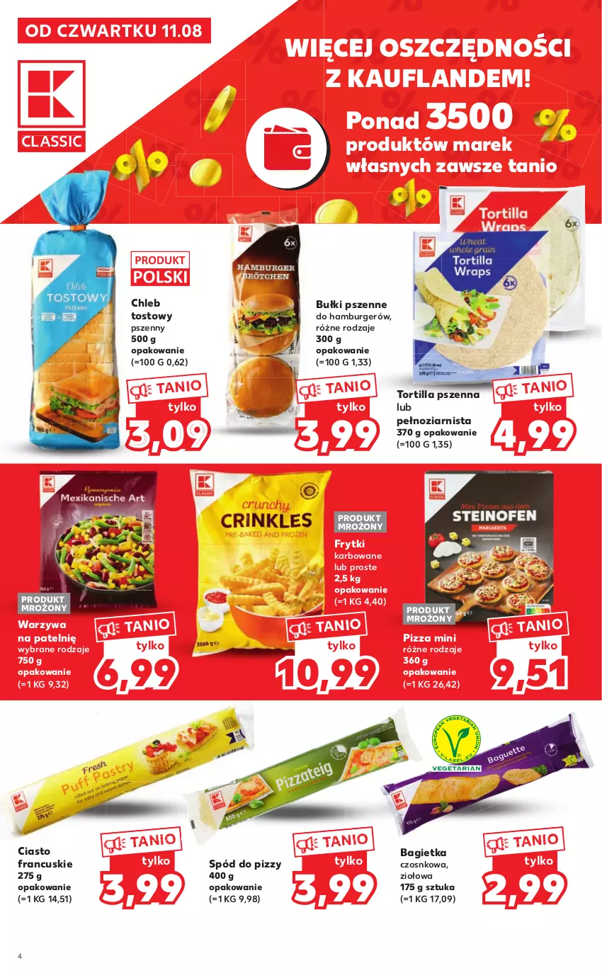 Gazetka promocyjna Kaufland - Katalog z kosmetykami - ważna 11.08 do 24.08.2022 - strona 4 - produkty: Bagietka, Bagietka czosnkowa, Burger, Chleb, Chleb tostowy, Ciasto francuskie, Frytki, Hamburger, Pizza, Spód do pizzy, Tortilla, Warzywa