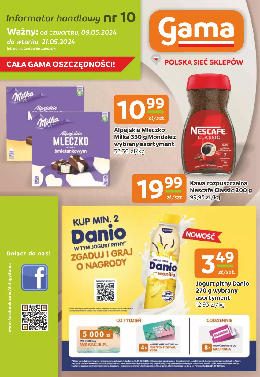 Gazetka promocyjna Gama - Gazetka Gama - ważna 09.05 do 21.05.2024 - strona 1 - produkty: Danio, Fa, Jogurt, Jogurt pitny, Kawa, Kawa rozpuszczalna, Milka, Mleczko, O nas