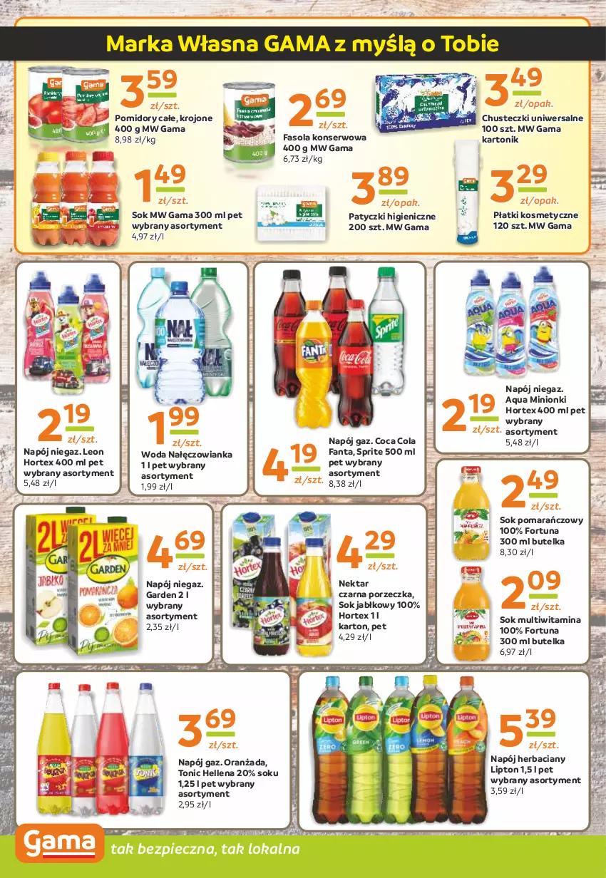 Gazetka promocyjna Gama - Gazetka Gama - ważna 09.05 do 21.05.2024 - strona 10 - produkty: Chusteczki, Fa, Fanta, Fasola, Fortuna, Hellena, Hortex, Leon, Lipton, Nałęczowianka, Napój, Nektar, Oranżada, Piec, Płatki kosmetyczne, Pomidory, Por, Ser, Sok, Sok jabłkowy, Sok pomarańczowy, Sprite, Tonik, Woda