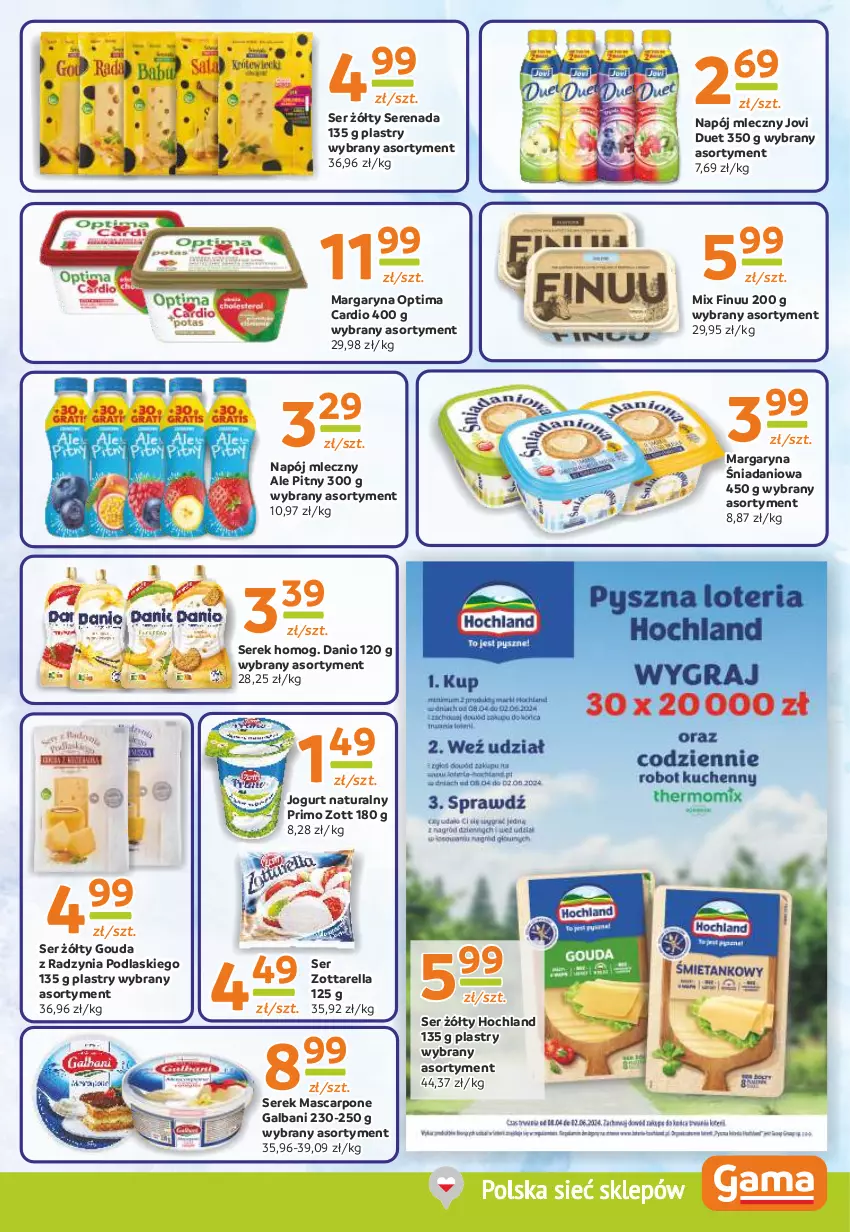 Gazetka promocyjna Gama - Gazetka Gama - ważna 09.05 do 21.05.2024 - strona 7 - produkty: Danio, Finuu, Galbani, Gouda, Hochland, Jogurt, Jogurt naturalny, Margaryna, Mascarpone, Napój, Napój mleczny, Optima, Optima Cardio, Podlaski, Ser, Serek, Zott, Zottarella