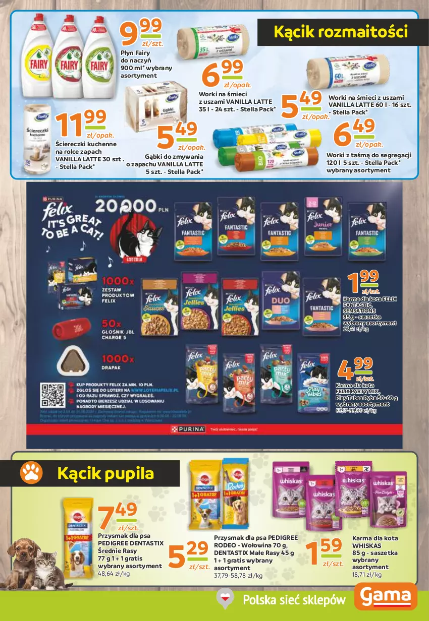 Gazetka promocyjna Gama - Gazetka Gama - ważna 09.05 do 21.05.2024 - strona 9 - produkty: Fa, Fairy, Fanta, Felix, Gra, Pedigree, Przysmak dla psa, Ryba, Sati, Whiskas, Wołowina, Worki na śmiec, Worki na śmieci