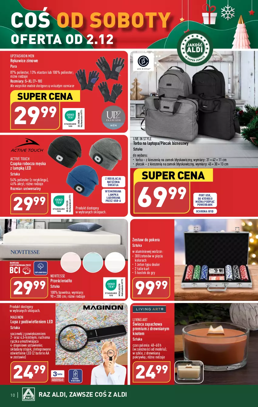 Gazetka promocyjna Aldi - Artykuły przemysłowe i tekstylia - ważna 29.11 do 02.12.2023 - strona 10 - produkty: Bateria, Czapka, Fa, Gin, Gry, Plecak, Por, Powerbank, Prześcieradło, Rękawice, Stek, Stojak, Top, Torba, Torba na laptopa, Wełna