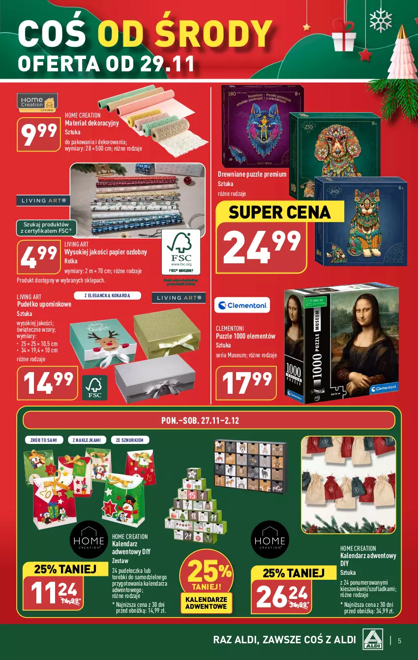 Gazetka promocyjna Aldi - Artykuły przemysłowe i tekstylia - ważna 29.11 do 02.12.2023 - strona 5 - produkty: Kalendarz, Kalendarz adwentowy, Klej, Mus, Papier, Papier ozdobny, Pudełko, Puzzle, Ser, Sok