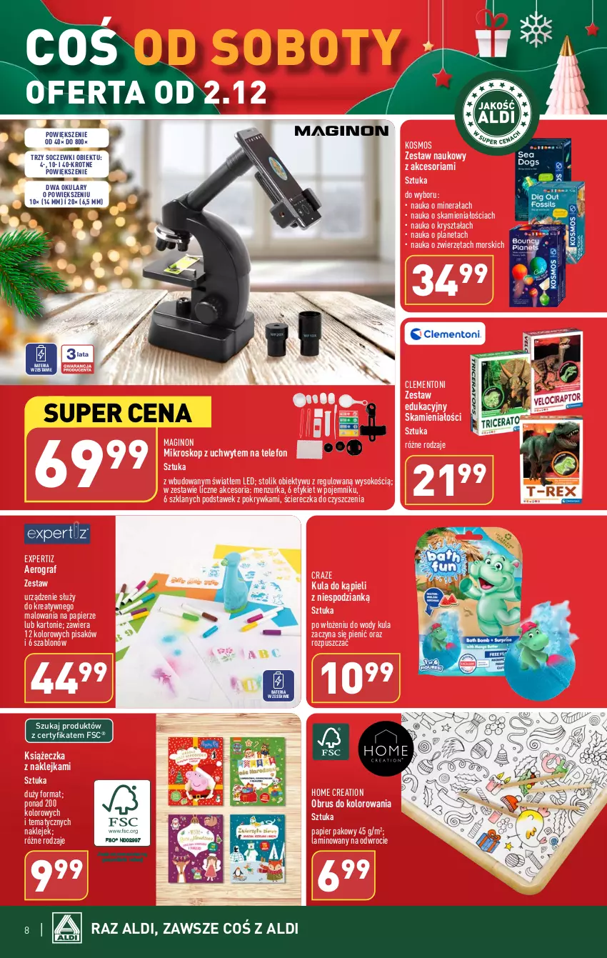 Gazetka promocyjna Aldi - Artykuły przemysłowe i tekstylia - ważna 29.11 do 02.12.2023 - strona 8 - produkty: Bateria, Gin, Gra, Klej, Kula do kąpieli, Mikroskop, Obiektyw, Obrus, Papier, Pojemnik, Sok, Stolik, Telefon, Zwierzęta