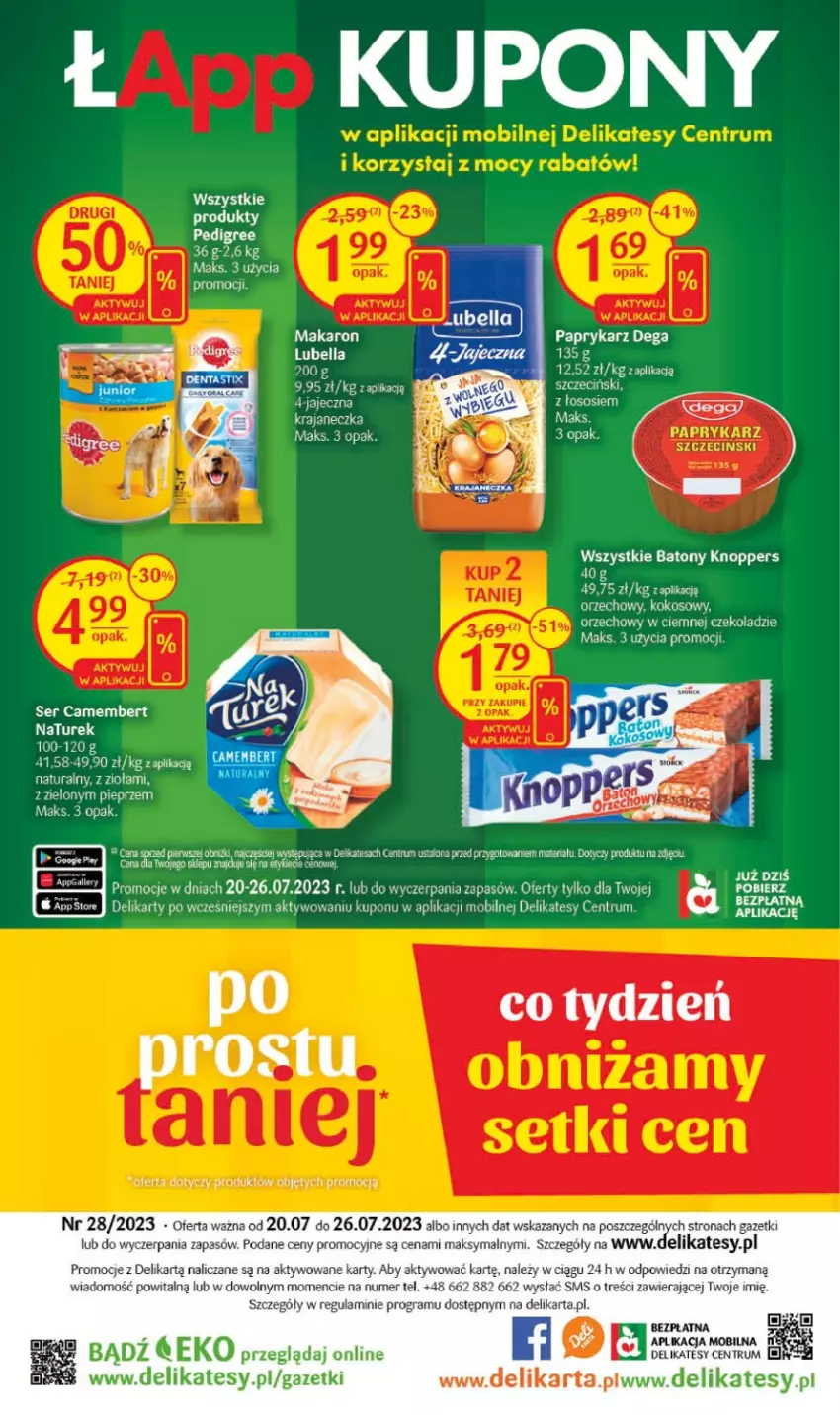 Gazetka promocyjna Delikatesy Centrum - Gazetka DC28 - ważna 20.07 do 26.07.2023 - strona 32 - produkty: Baton, Bell, Bella, Camembert, Dega, Gra, Knoppers, Kokos, Lubella, Makaron, Mobil, NaTurek, Papryka, Paprykarz, Pedigree, Pieprz, Rum, Ser, Sos