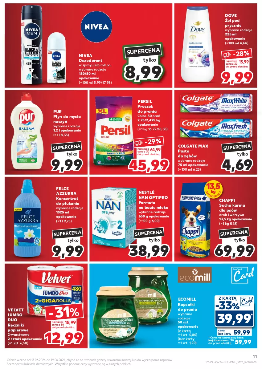 Gazetka promocyjna Kaufland - Gazetka tygodnia - ważna 13.06 do 19.06.2024 - strona 11 - produkty: Chappi, Colgate, Dezodorant, Do mycia naczyń, Dove, Drób, Kapsułki do prania, LG, NAN Optipro, Nestlé, Nivea, Papier, Pasta do zębów, Persil, Płyn do mycia, Płyn do mycia naczyń, Proszek do prania, Pur, Ręcznik, Ręczniki papierowe, Sucha karma, Velvet, Warzywa