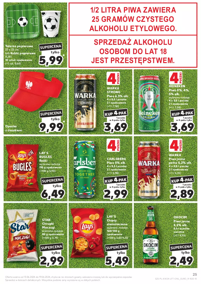 Gazetka promocyjna Kaufland - Gazetka tygodnia - ważna 13.06 do 19.06.2024 - strona 25 - produkty: Carlsberg, Chipsy, Chrupki, Gra, Heineken, Koc, Lay’s, Okocim, Opaska, Papier, Piwa, Piwo, Piwo jasne, Talerz, Warka