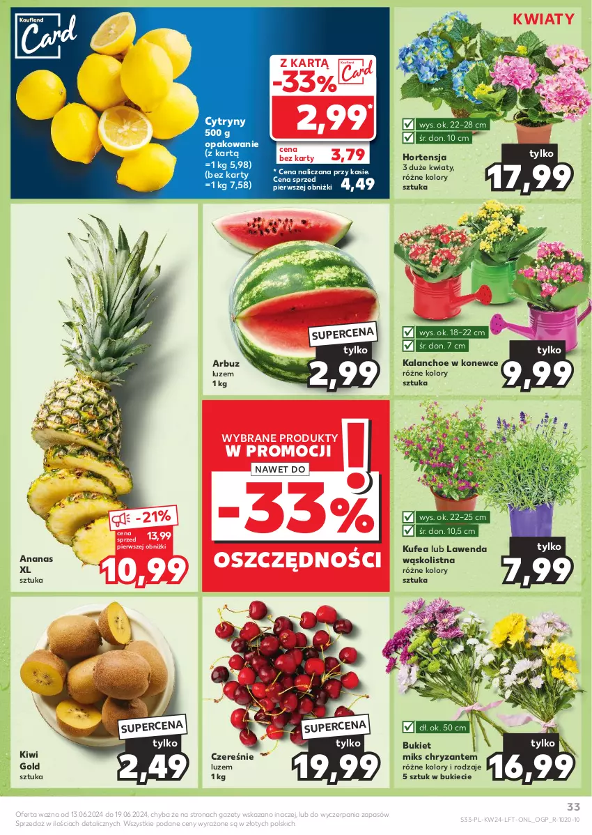 Gazetka promocyjna Kaufland - Gazetka tygodnia - ważna 13.06 do 19.06.2024 - strona 33 - produkty: Ananas, Arbuz, Bukiet, Cytryny, Kalanchoe, Kiwi, Owoce, Warzywa