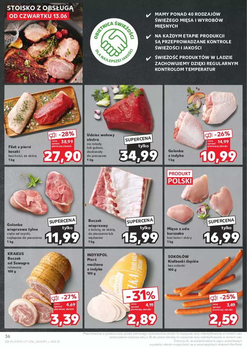 Gazetka promocyjna Kaufland - Gazetka tygodnia - ważna 13.06 do 19.06.2024 - strona 36 - produkty: Boczek, Boczek wieprzowy, Filet z piersi kaczki, Golonka wieprzowa, Golonka z indyka, Gra, Kiełbaski śląskie, Krakus, Kurczak, LANA, Mięso, Mięso z uda kurczaka, Piec, Rama, Sok, Sokołów, Udziec wołowy