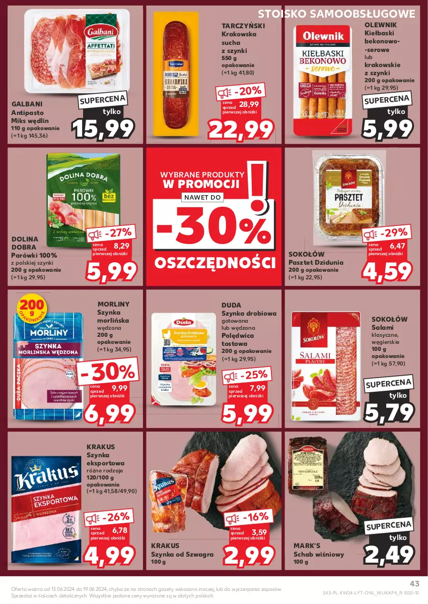 Gazetka promocyjna Kaufland - Gazetka tygodnia - ważna 13.06 do 19.06.2024 - strona 43 - produkty: Beko, Duda, Galbani, Gra, Krakus, Morliny, Olewnik, Parówki, Pasztet, Polędwica, Por, Salami, Ser, Sok, Sokołów, Sport, Szynka, Tarczyński