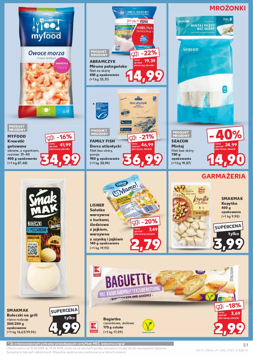 Gazetka promocyjna Kaufland - Gazetka tygodnia - ważna 13.06 do 19.06.2024 - strona 51 - produkty: Bagietka, Bagietka czosnkowa, Bułeczki, Dorsz, Fa, Grill, Kopytka, Krewetki, Lisner, Mintaj, Miruna, Por, Sałat, Sałatka, Sałatka warzywna, Tago