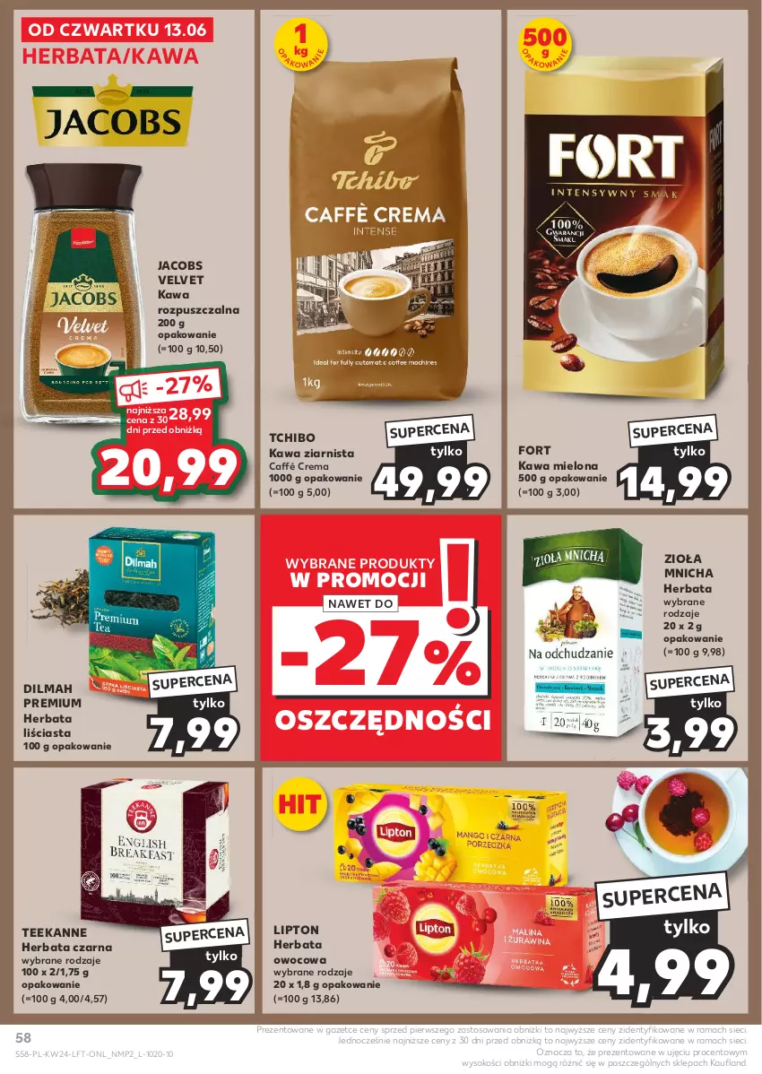 Gazetka promocyjna Kaufland - Gazetka tygodnia - ważna 13.06 do 19.06.2024 - strona 58 - produkty: Dilmah, Herbata, Herbata czarna, Herbata owocowa, Jacobs, Jacobs Velvet, Kawa, Kawa mielona, Kawa rozpuszczalna, Kawa ziarnista, Lipton, Rama, Sok, Tchibo, Teekanne, Velvet