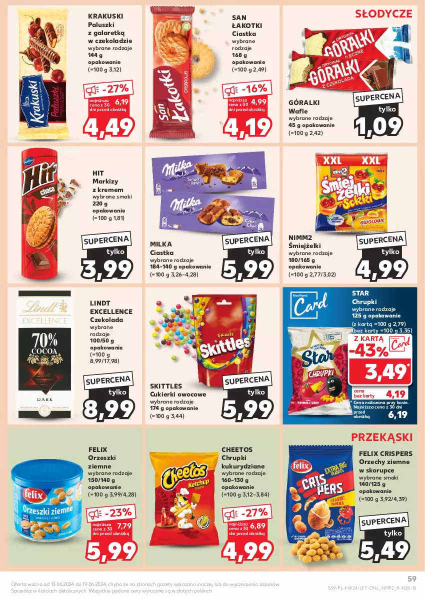 Gazetka promocyjna Kaufland - Gazetka tygodnia - ważna 13.06 do 19.06.2024 - strona 59 - produkty: Cheetos, Chrupki, Ciastka, Cukier, Cukierki, Czekolada, Felix, Gala, Góralki, Krakus, Krakuski, Lindt, Milka, Nimm2, Orzeszki, Orzeszki ziemne, Wafle