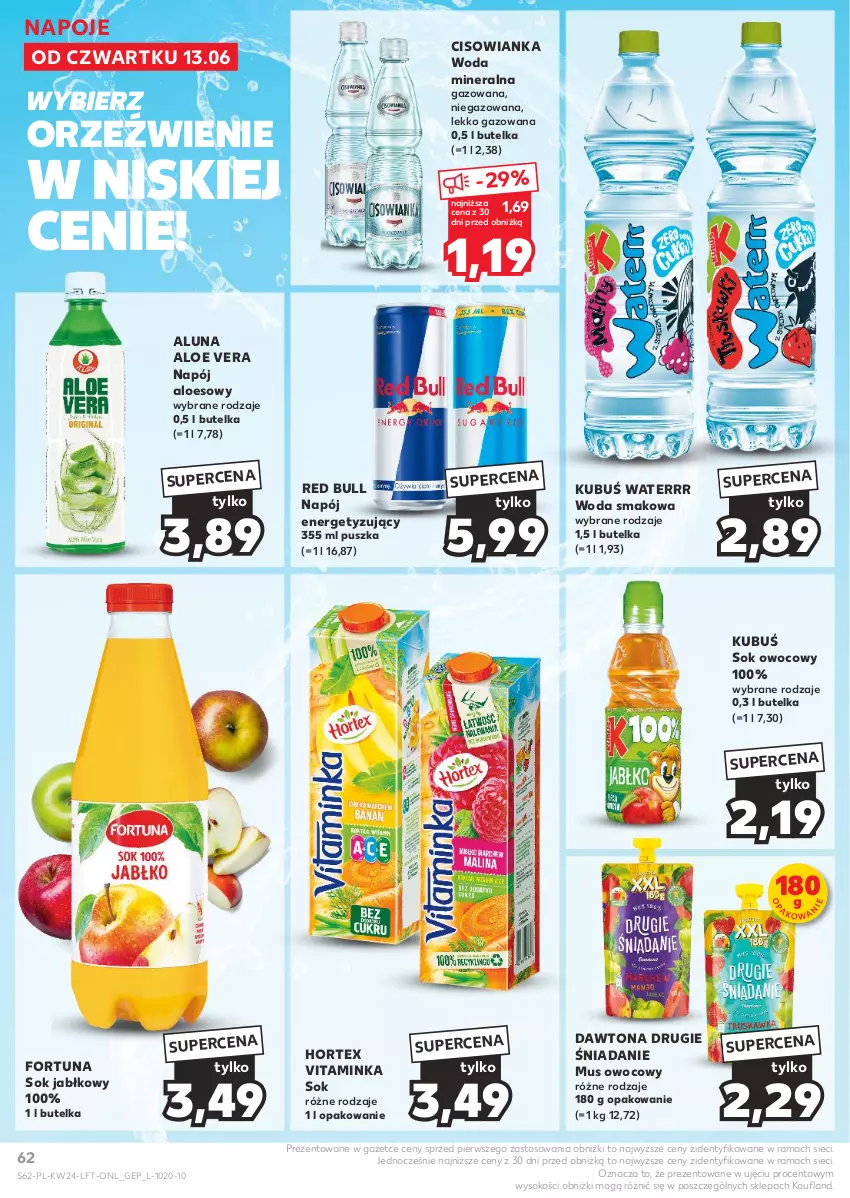 Gazetka promocyjna Kaufland - Gazetka tygodnia - ważna 13.06 do 19.06.2024 - strona 62 - produkty: Aloe vera, Cisowianka, Dawtona, Fortuna, Hortex, Inka, Kubuś, Kubuś Waterrr, Mus, Napój, Napoje, Rama, Red Bull, Sok, Sok jabłkowy, Woda, Woda mineralna