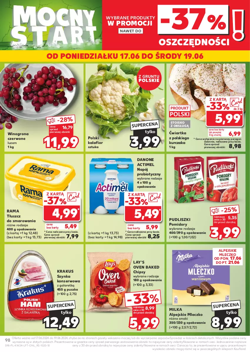 Gazetka promocyjna Kaufland - Gazetka tygodnia - ważna 13.06 do 19.06.2024 - strona 98 - produkty: Actimel, Chipsy, Danone, Gala, Grunt, Kalafior, Krakus, Kurczak, Lay’s, Milka, Mleczko, Napój, Pomidory, Pudliszki, Rama, Ser, Sok, Szynka, Szynka konserwowa, Wino, Winogrona