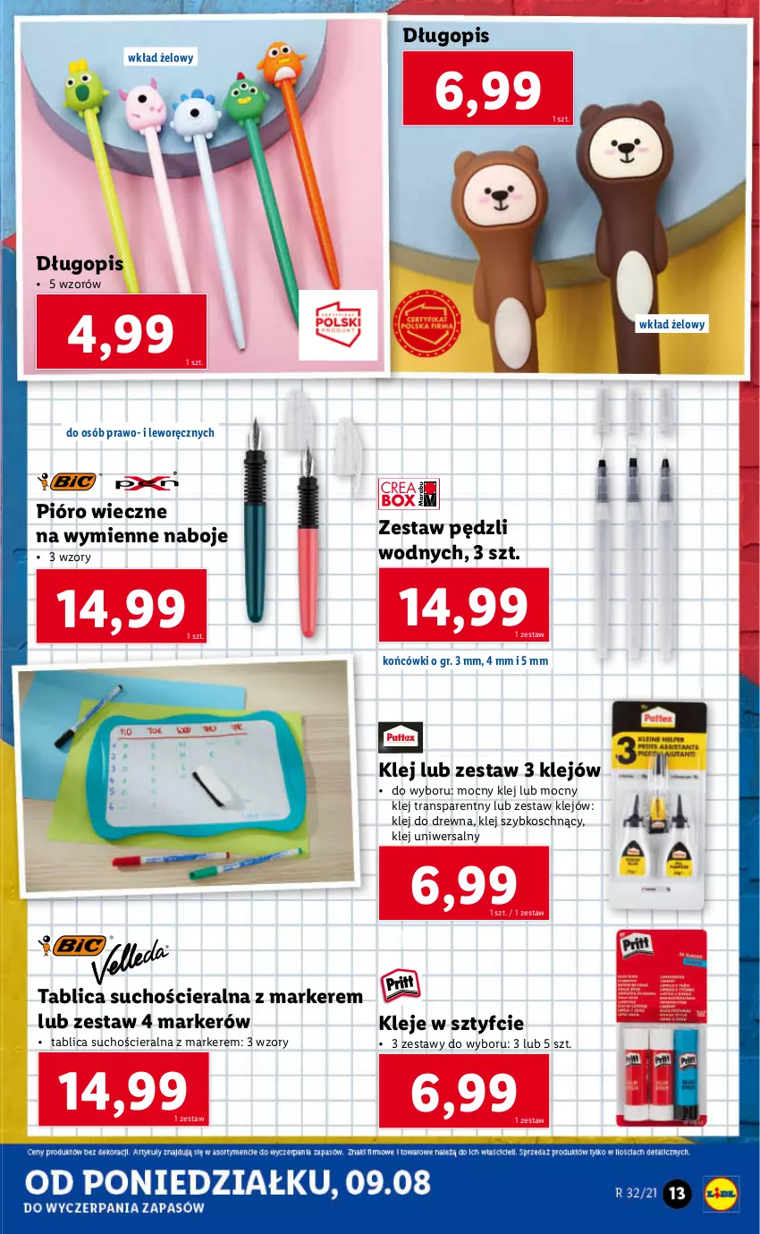 Gazetka promocyjna Lidl - GAZETKA - ważna 09.08 do 14.08.2021 - strona 13 - produkty: Długopis, Klej, Marker, Tablica suchościeralna, Tran, Zestaw pędzli