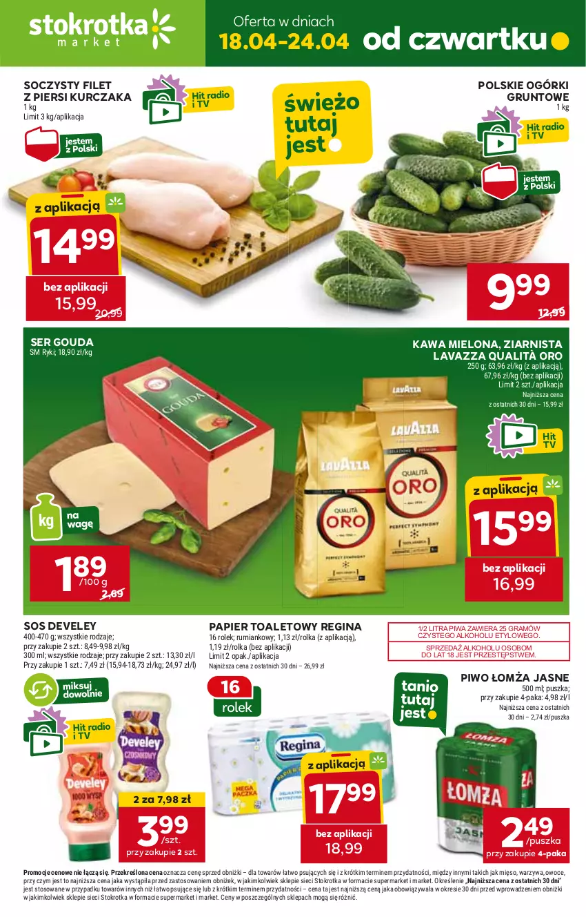 Gazetka promocyjna Stokrotka - Market - ważna 18.04 do 24.04.2024 - strona 1 - produkty: Filet z piersi kurczaka, Gin, Gouda, Gra, Grunt, Kawa, Kawa mielona, Kurczak, Lavazza, Papier, Papier toaletowy, Piwa, Piwo, Ser, Sos