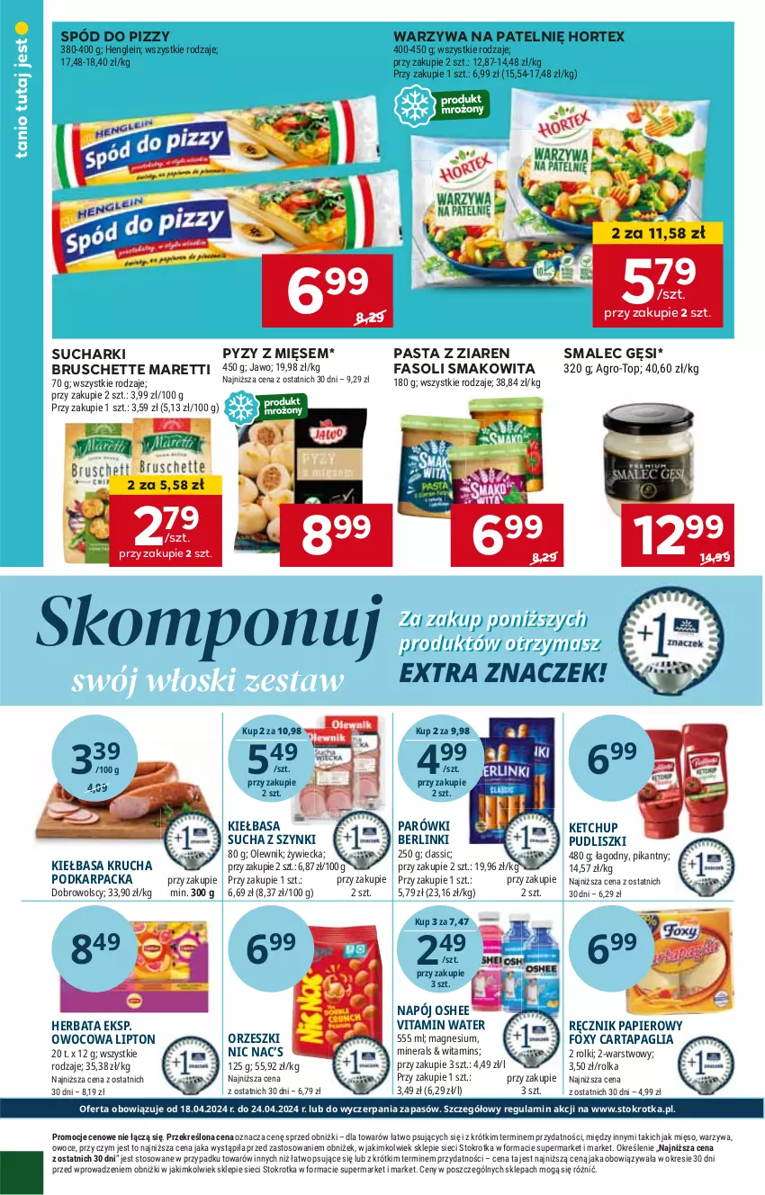 Gazetka promocyjna Stokrotka - Market - ważna 18.04 do 24.04.2024 - strona 12 - produkty: Bruschette, Fa, Hortex, Smakowita, Smalec, Spód do pizzy, Warzywa