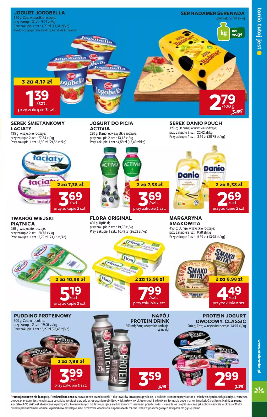 Gazetka promocyjna Stokrotka - Market - ważna 18.04 do 24.04.2024 - strona 13 - produkty: Activia, Bell, Bella, Danio, Danone, Flora, Gin, Jogobella, Jogurt, Jogurt owocowy, Margaryna, Napój, Piątnica, Pudding, Radamer, Ser, Serek, Smakowita, Twaróg