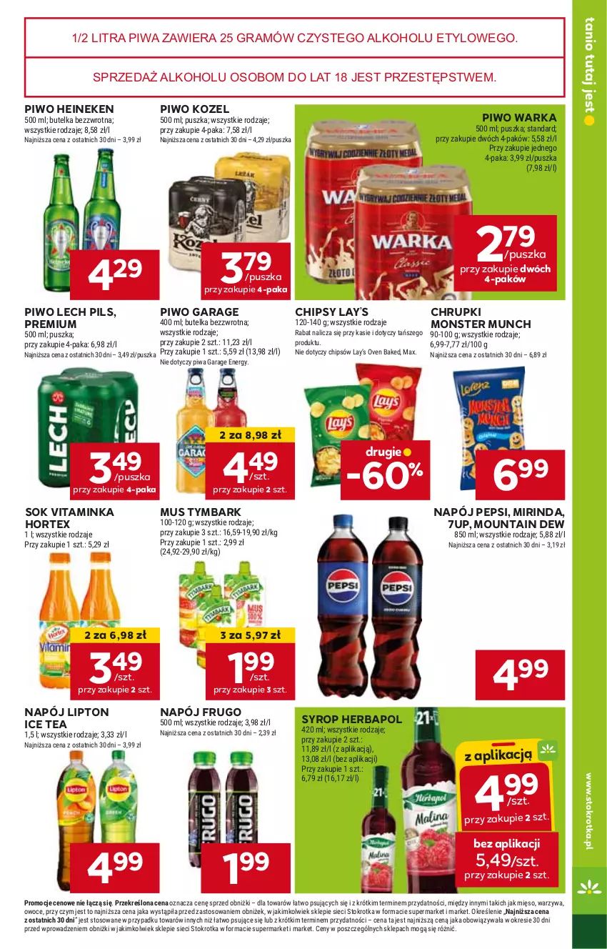 Gazetka promocyjna Stokrotka - Market - ważna 18.04 do 24.04.2024 - strona 15 - produkty: 7up, Chipsy, Chrupki, Gra, Heineken, Herbapol, Hortex, Ice tea, Inka, Kozel, Lay’s, Lipton, Mirinda, Monster Munch, Mus, Napój, Pepsi, Piwa, Piwo, Sok, Syrop, Tymbark, Warka