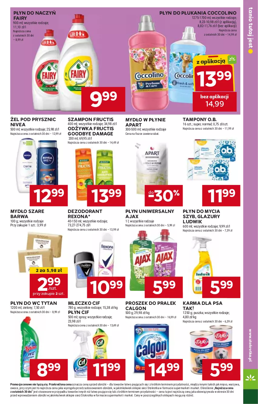 Gazetka promocyjna Stokrotka - Market - ważna 18.04 do 24.04.2024 - strona 16 - produkty: Ajax, Calgon, Cif, Coccolino, Dezodorant, Fa, Fairy, Fructis, Lazur, LG, Ludwik, Mleczko, Mydło, Mydło w płynie, Nivea, O.B., Odżywka, Płyn do mycia, Płyn do płukania, Płyn do wc, Rexona, Szampon, Tampony, Tytan