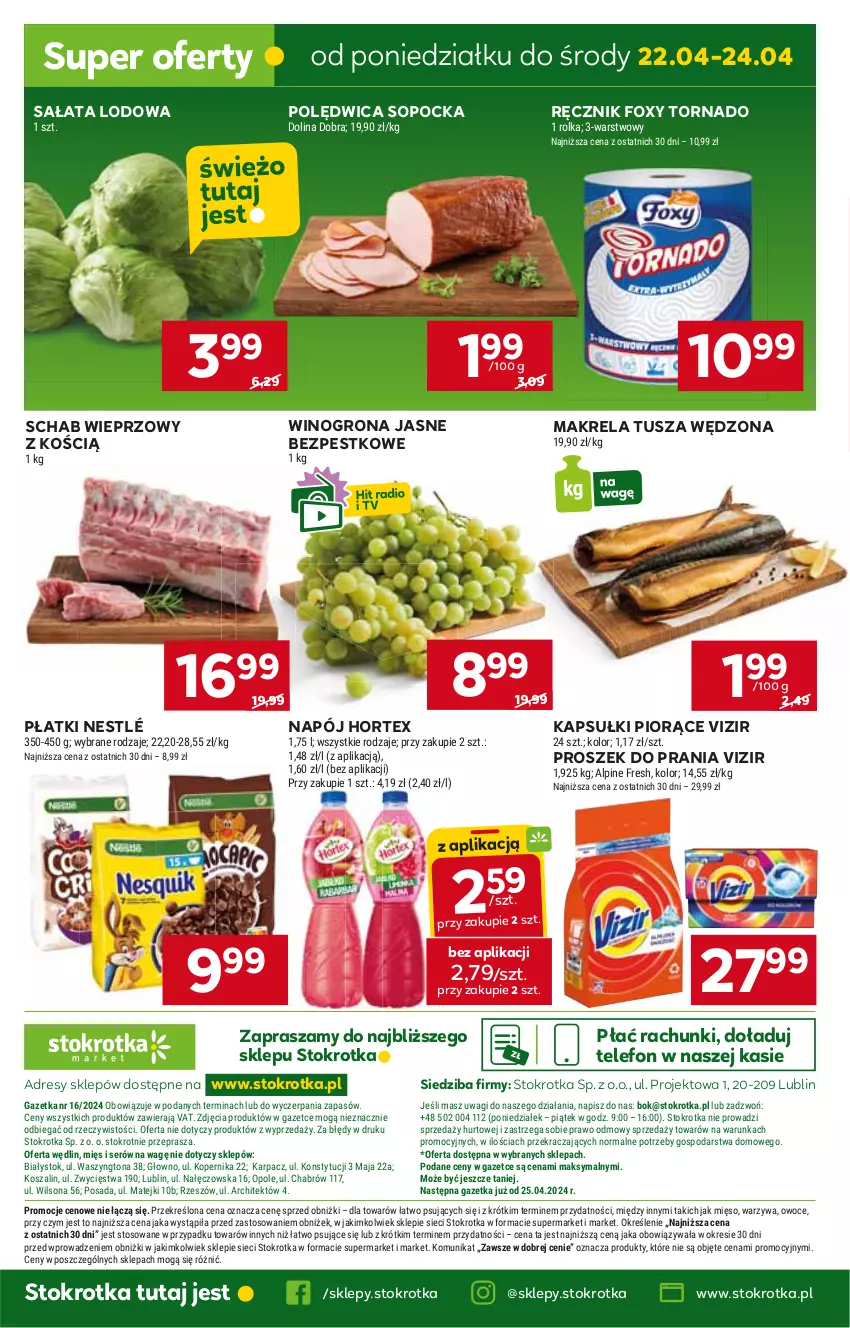 Gazetka promocyjna Stokrotka - Market - ważna 18.04 do 24.04.2024 - strona 17 - produkty: Dres, Foxy, Hortex, JBL, Napój, Nestlé, Polędwica, Proszek do prania, Ręcznik, Sałat, Sałata lodowa, Schab wieprzowy, Telefon, Tusz, Vizir, Wino, Winogrona