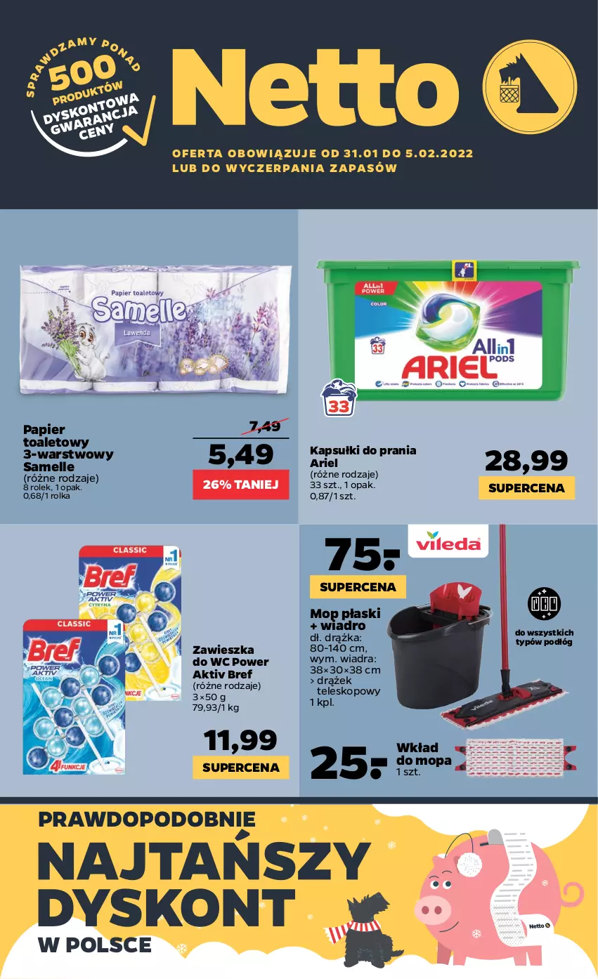 Gazetka promocyjna Netto - Gazetka non food - ważna 31.01 do 05.02.2022 - strona 1 - produkty: Ariel, Bref, Kapsułki do prania, Mop, Papier, Papier toaletowy, Teleskop, Wiadro, Wkład do mopa, Zawieszka do wc