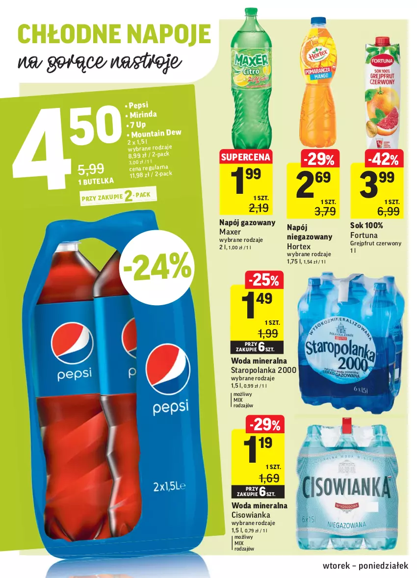 Gazetka promocyjna Intermarche - Zwyciężamy Okazjami - ważna 22.06 do 28.06.2021 - strona 30 - produkty: Cisowianka, Fortuna, Grejpfrut, Hortex, Maxer, Mirinda, Napój, Napój gazowany, Napój niegazowany, Napoje, Pepsi, Sok, Staropolanka, Woda, Woda mineralna