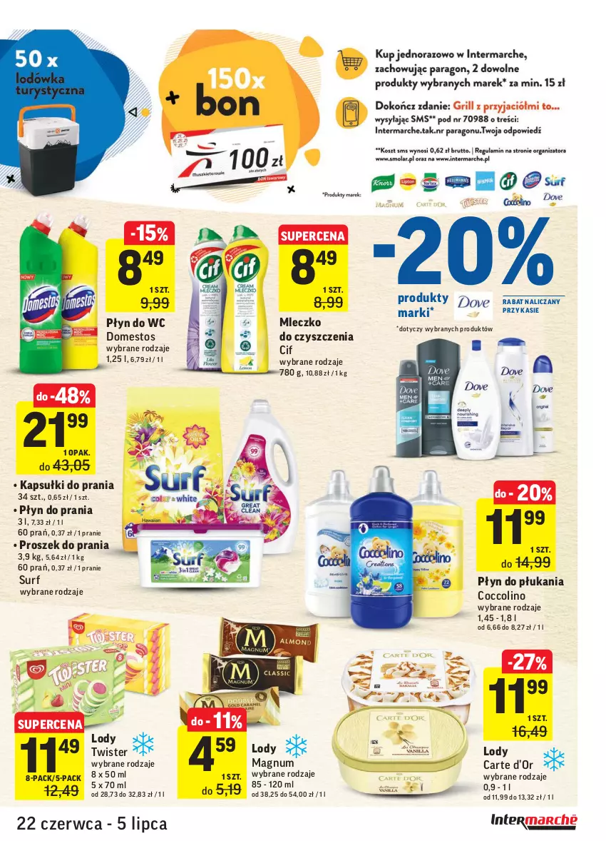 Gazetka promocyjna Intermarche - Zwyciężamy Okazjami - ważna 22.06 do 28.06.2021 - strona 33 - produkty: Cif, Coccolino, Domestos, Kapsułki do prania, Lody, Mleczko, Płyn do płukania, Płyn do prania, Płyn do wc, Proszek do prania, Surf