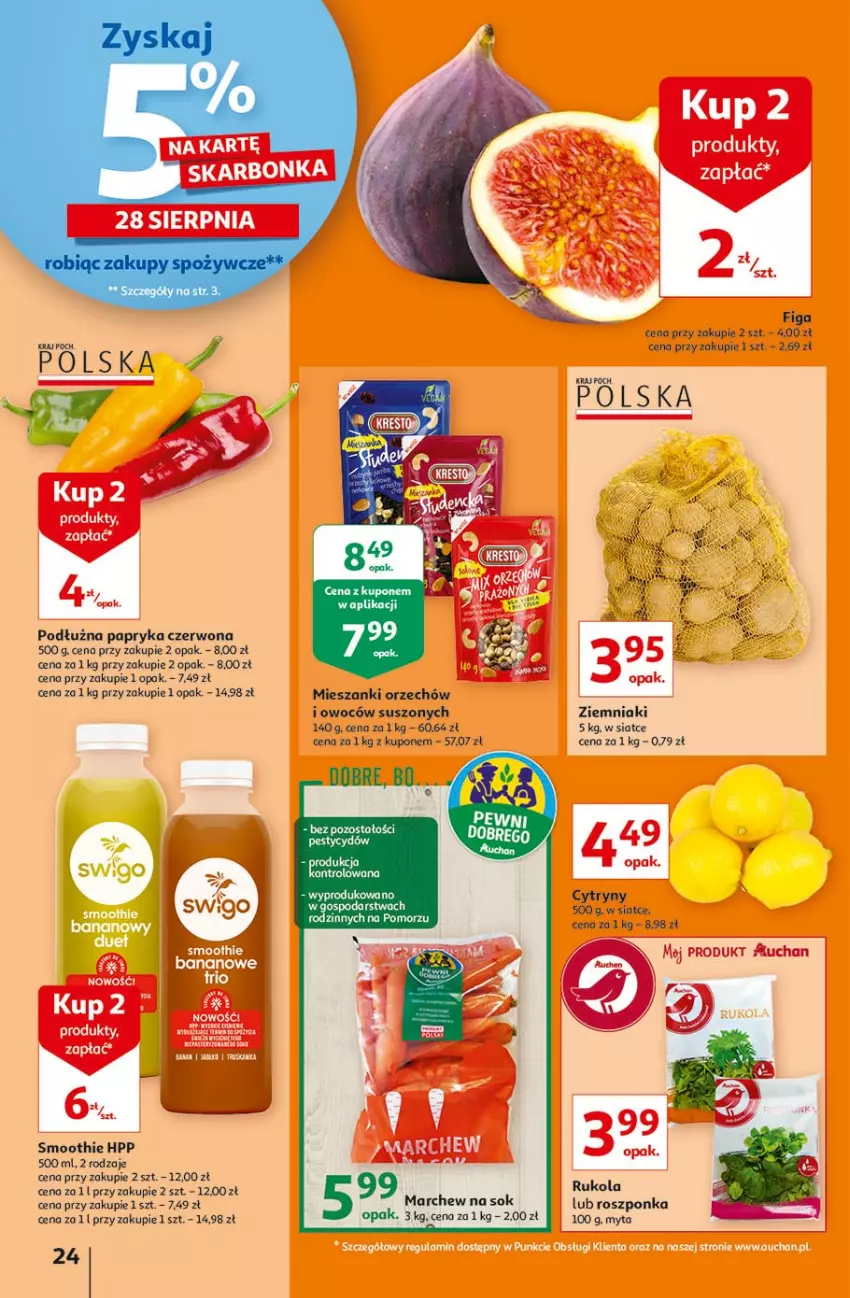 Gazetka promocyjna Auchan - Rysuje się coś wartego zapisania Hipermarkety - ważna 26.08 do 01.09.2021 - strona 24 - produkty: Cytryny, HP, LG, Papryka, Papryka czerwona, Roszponka, Rukola, Smoothie, Ziemniaki