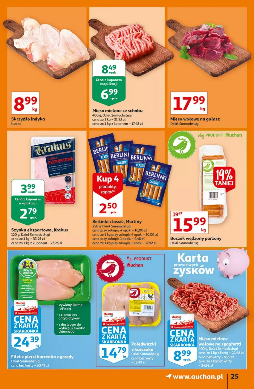 Gazetka promocyjna Auchan - Rysuje się coś wartego zapisania Hipermarkety - ważna 26.08 do 01.09.2021 - strona 25 - produkty: Berlinki, Boczek, Fa, Filet z piersi kurczaka, Krakus, Kurczak, Mięso, Mięso mielone, Mięso wołowe, Morliny, Por, Spaghetti, Sport, Szynka