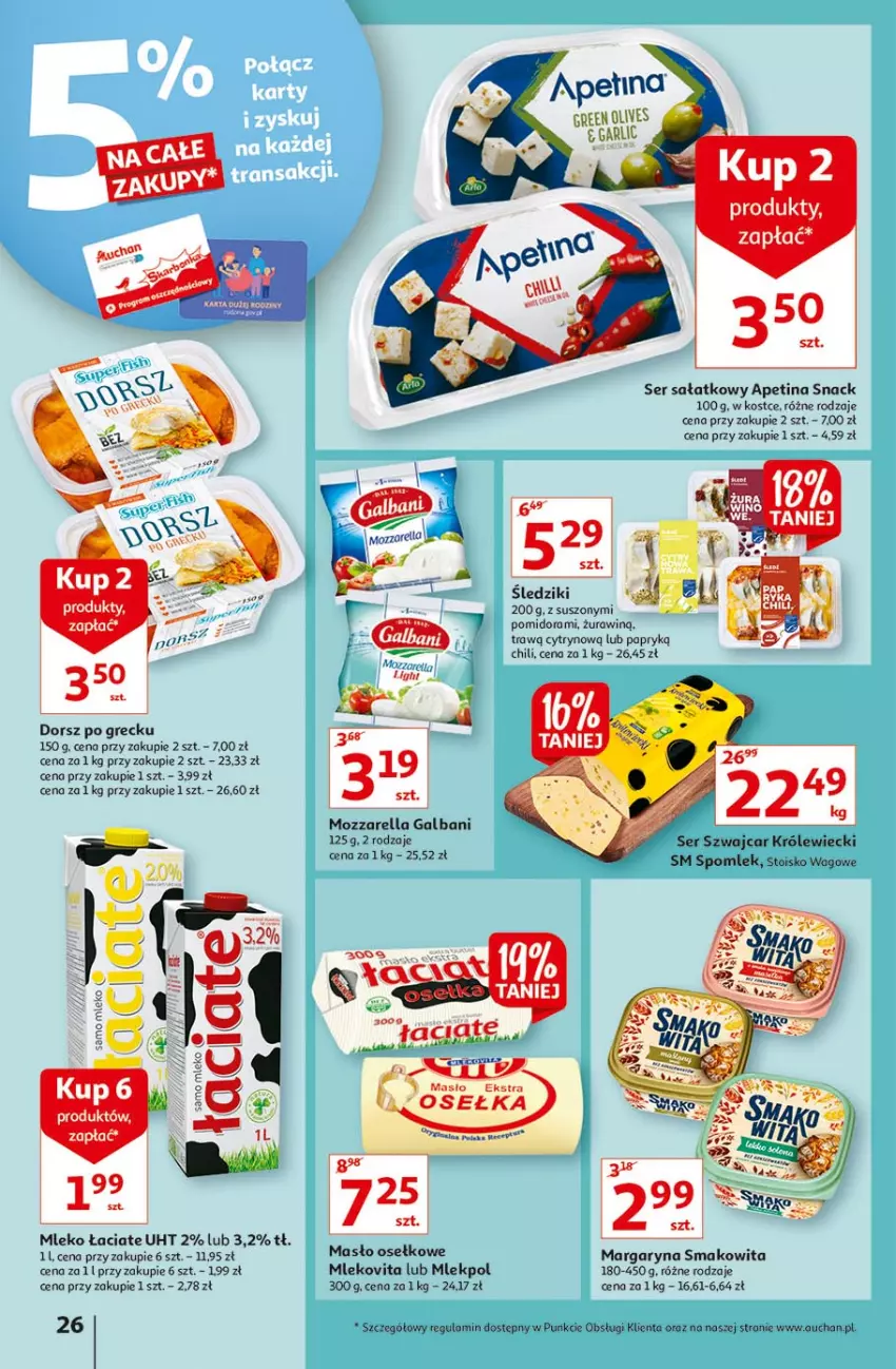 Gazetka promocyjna Auchan - Rysuje się coś wartego zapisania Hipermarkety - ważna 26.08 do 01.09.2021 - strona 26 - produkty: Dorsz, Galbani, Margaryna, Mleko, Mozzarella, Sałat, Ser, Smakowita