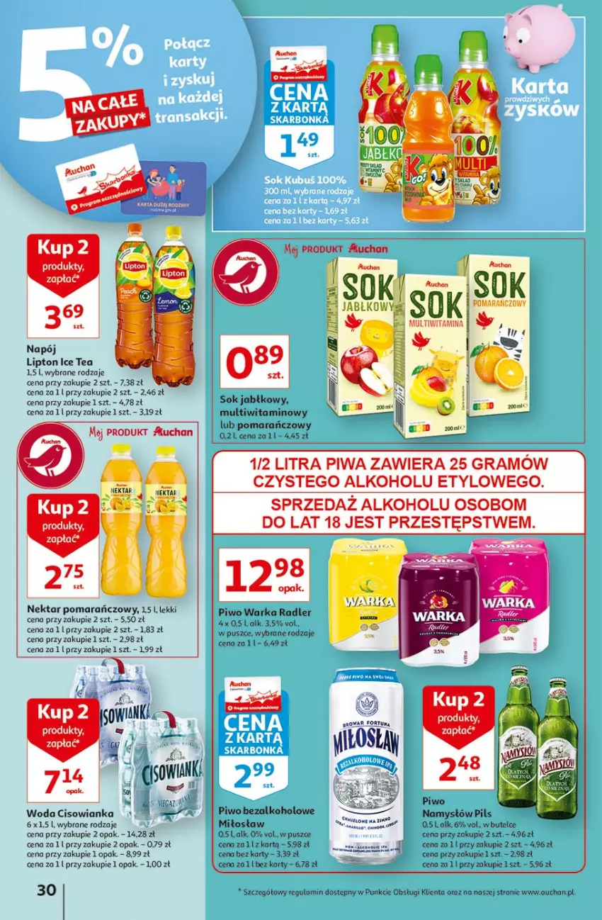 Gazetka promocyjna Auchan - Rysuje się coś wartego zapisania Hipermarkety - ważna 26.08 do 01.09.2021 - strona 30 - produkty: Cisowianka, Gra, Ice tea, Lipton, Namysłów, Napój, Nektar, Piwa, Piwo, Radler, Sok, Sok jabłkowy, Warka, Woda