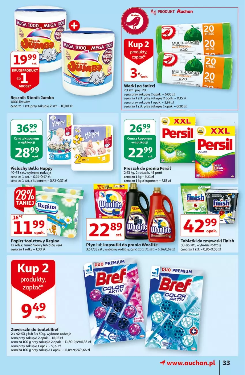 Gazetka promocyjna Auchan - Rysuje się coś wartego zapisania Hipermarkety - ważna 26.08 do 01.09.2021 - strona 33 - produkty: Aloe vera, Bell, Bella, Bref, Finish, Gin, Kapsułki do prania, Papier, Papier toaletowy, Persil, Pieluchy, Proszek do prania, Ręcznik, Rum, Tablet, Tabletki do zmywarki, Woolite, Worki na śmiec, Worki na śmieci, Zawieszki, Zmywarki