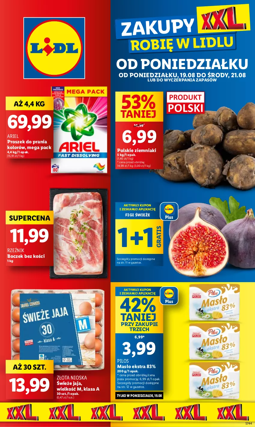 Gazetka promocyjna Lidl - GAZETKA - ważna 19.08 do 21.08.2024 - strona 1 - produkty: Ariel, Boczek, Boczek bez kości, Figi, Gra, Jaja, Masło, Pilos, Proszek do prania, Ziemniaki