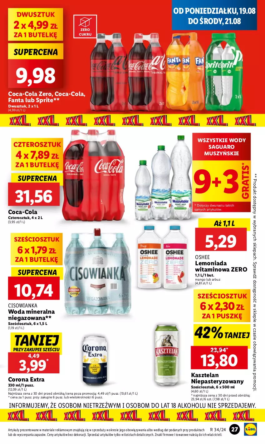 Gazetka promocyjna Lidl - GAZETKA - ważna 19.08 do 21.08.2024 - strona 31 - produkty: Arbuz, Cisowianka, Coca-Cola, Corona Extra, Fa, Fanta, Gra, Kasztelan, Lemoniada, Mango, Mus, Oshee, Sprite, Woda, Woda mineralna