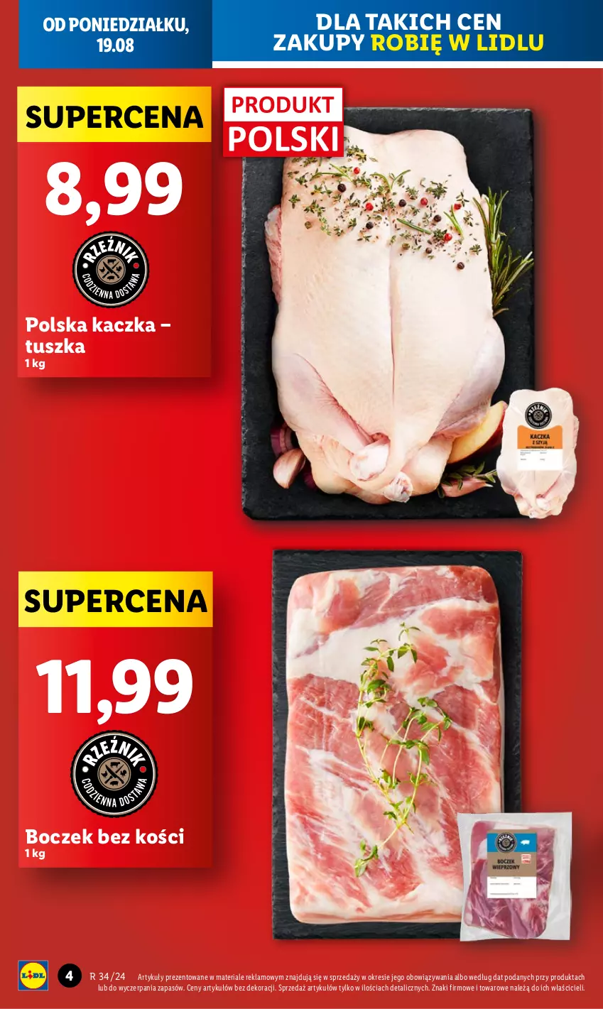 Gazetka promocyjna Lidl - GAZETKA - ważna 19.08 do 21.08.2024 - strona 4 - produkty: Boczek, Boczek bez kości, Kaczka, Tusz